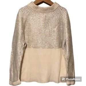 Chicos Winter White & Metallic Silver Long Sleeve Zip Mock Neck Sweater Sz M GUC